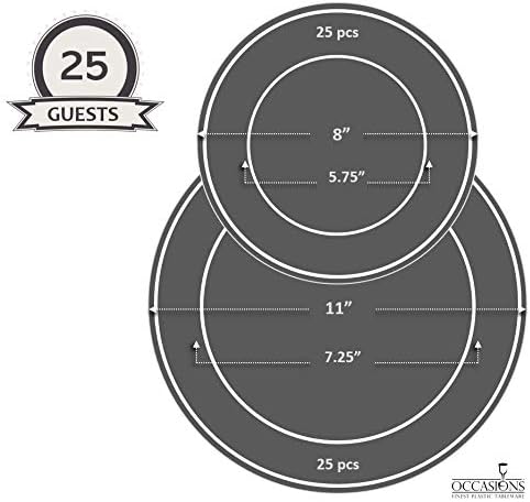 " OCCASIONS " 50 Plates Pack (25 Guests)-Extra Heavyweight Vintage Wedding Disposable/Reusable Plastic Plates -25x11'' Dinner + 25x8.25'' Salad/dessert (Chateau Collection Blue)