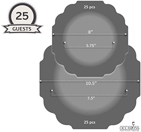 " OCCASIONS " 50 Plates Pack (25 Guests)-Heavyweight Wedding Party Disposable Plastic Plate Set -(25x10.5'' Dinner + 25x8'' Salad/dessert (Imperial in White/Blue & Gold)