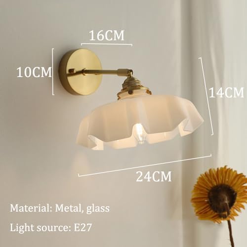 Vintage Milk Glass Wall Sconce - Mid Century Flower Design Hardwired Light with Straight Arm, Gold Finish for Bedroom, Hallway, Living Room, Farmhouse Decor