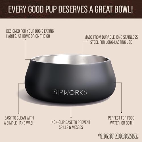 Sipworks Stainless Steel Dog Bowl – 32oz Weighted Metal Food and Water Bowls for Dogs and Cats with Non-Slip Base - Pet Bowls for All Breeds Sizes for Travel & Outdoor Play | OIive