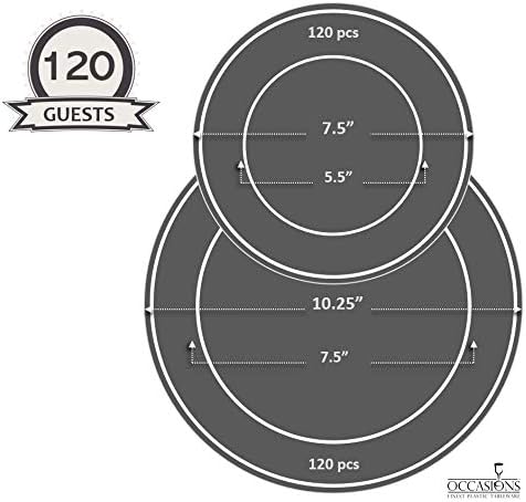 " OCCASIONS " 240 Plates Pack,(120 Guests) Premium Wedding Party Disposable Plastic Plates Set -120 x 10.25'' Dinner + 120 x 7.5'' Salad/Dessert (Monet, White & Gold)