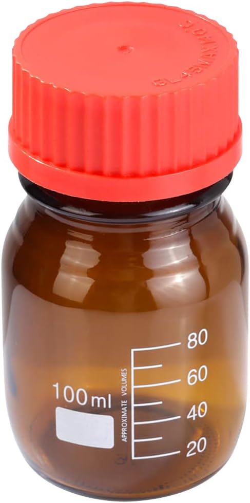 20 Pieces Amber Glass 100 mL Graduated Round Lab Reagent Media/Storage Bottle With GL45 Red Screw Cap