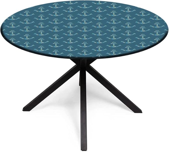 Round Tablecloth, Nautical Tablecloth for Side Table, Anchors Maritime Theme Decor, Fit Round Tables 44inch Diameter, for Outdoor Indoor Use, Petrol Blue Beige