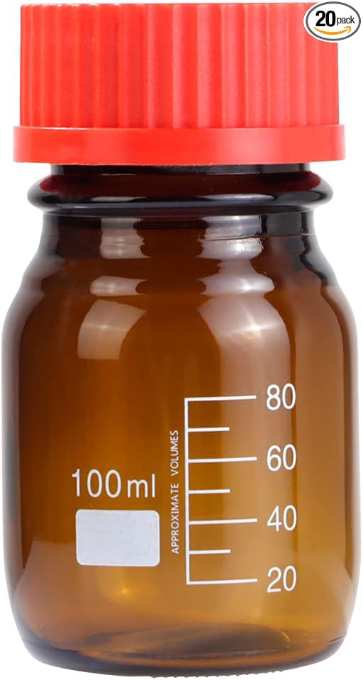 20 Pieces Amber Glass 100 mL Graduated Round Lab Reagent Media/Storage Bottle With GL45 Red Screw Cap