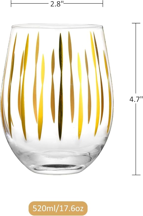 Set of 4 Crystal Stemless Wine Glasses with Etched Dots and Stripes Pattern, 17.5oz Elegant Glassware for Red Wine, Perfect for Weddings, Anniversaries, and Parties (Gold)