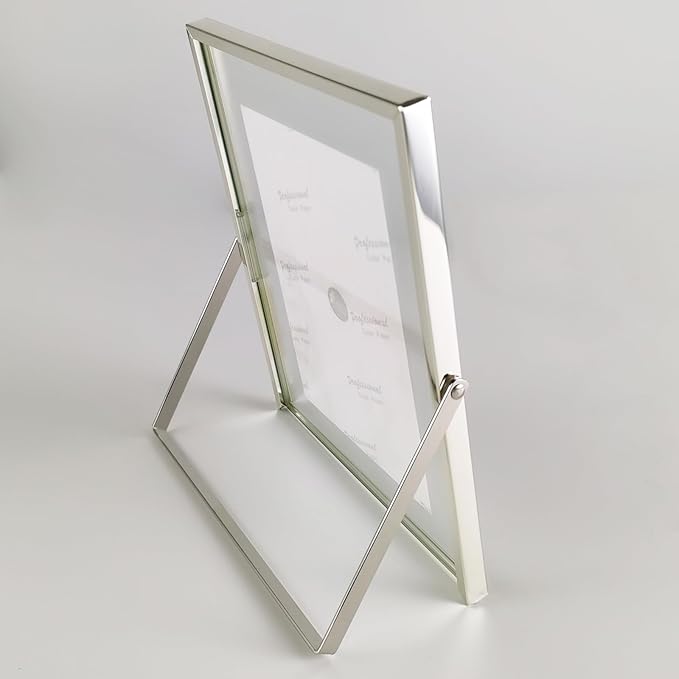 Silver Floating Picture Frames - Set of 3, for Photo Size 4×4, 4×6, 5×7, Vertical Tabletop Display, Double Glass Metal Frame for Wedding, Home or Office Desk Decoration (Silver)