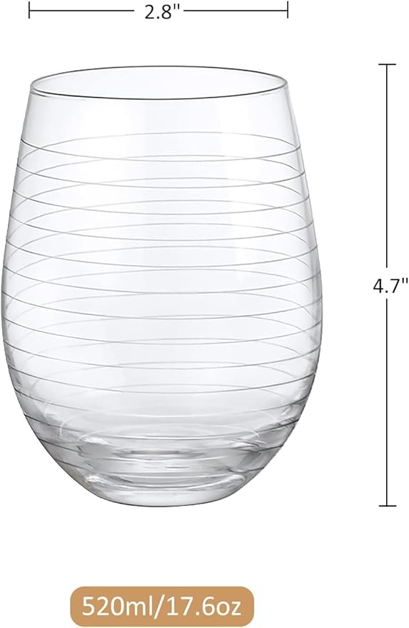 Set of 4 Crystal Stemless Wine Glasses with Etched Dots and Stripes Pattern, 17.5oz Elegant Glassware for Red Wine, Perfect for Weddings, Anniversaries, and Parties (Etched)