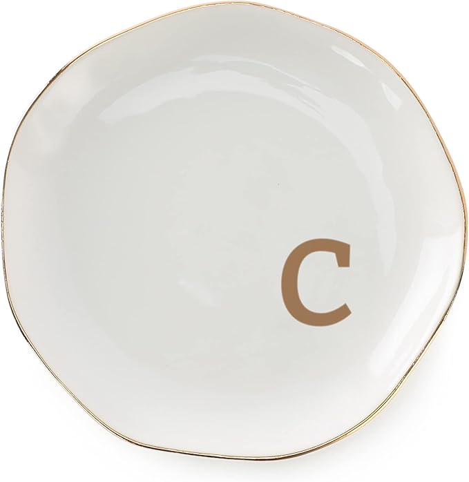 Initials Ring Dish Jewery Tray with personalized C-Monogrammed Gifts Wedding Engagement for Women Friends sister,Ceramic White