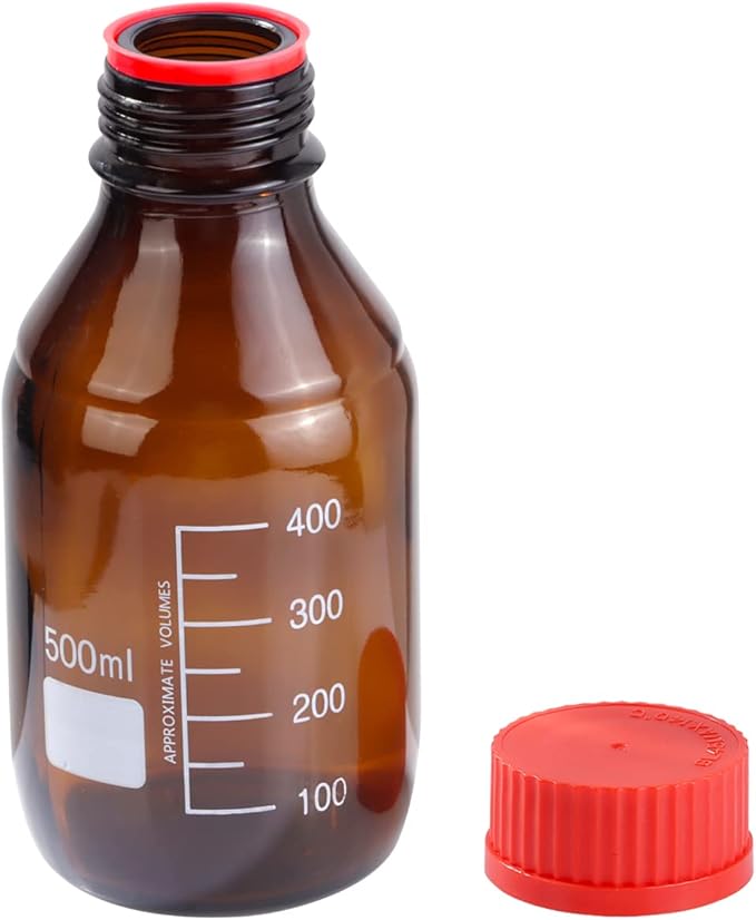 8 Pieces 500ml Amber Glass Graduated Round Lab Reagent Media/Storage Bottle With GL45 Red Screw Cap