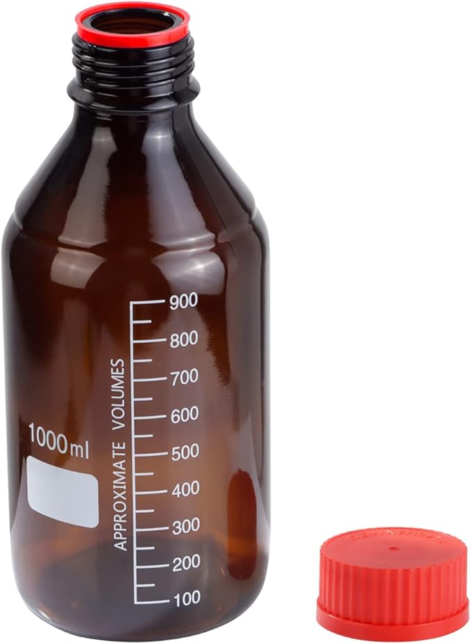 4 Pieces Amber Glass 1000 mL Graduated Round Lab Reagent Media/Storage Bottle With GL45 Red Screw Cap