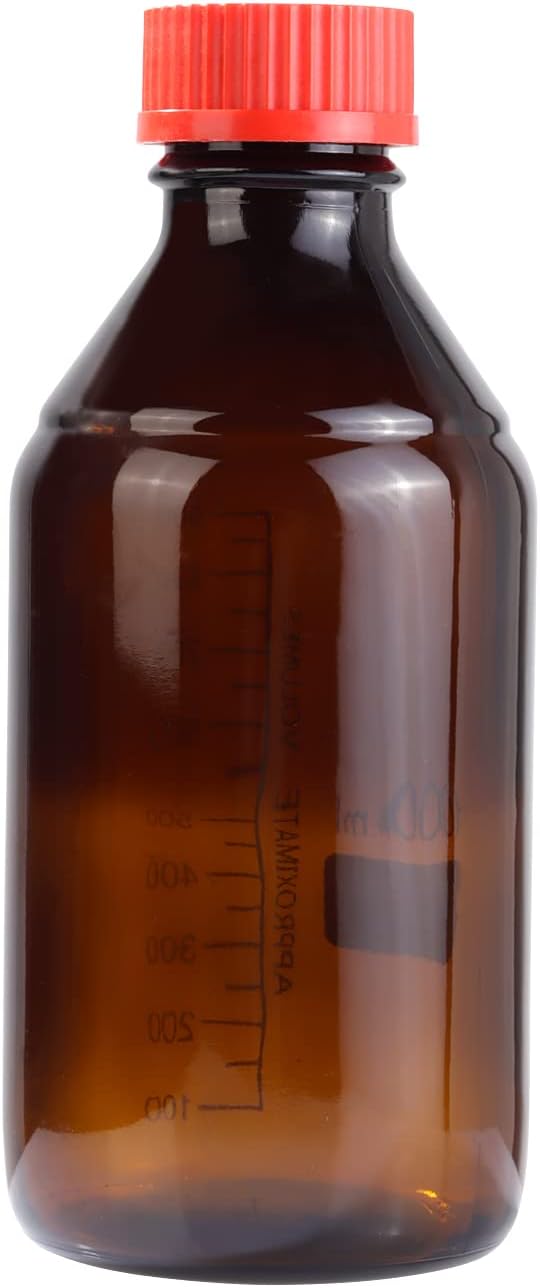 4 Pieces Amber Glass 1000 mL Graduated Round Lab Reagent Media/Storage Bottle With GL45 Red Screw Cap