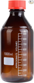 4 Pieces Amber Glass 1000 mL Graduated Round Lab Reagent Media/Storage Bottle With GL45 Red Screw Cap