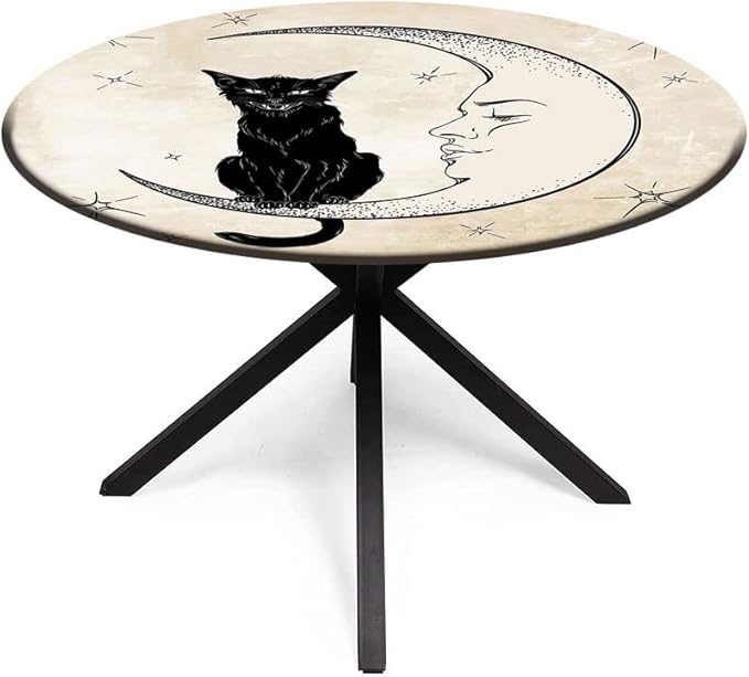 Round Tablecloth, Moon Tablecloth for Side Table, Black Cat Sitting on White Crescent Moon, Fit Round Tables 61inch Diameter, for Restaurant Picnic Indoor and Outdoor Use, Sand Brown Black