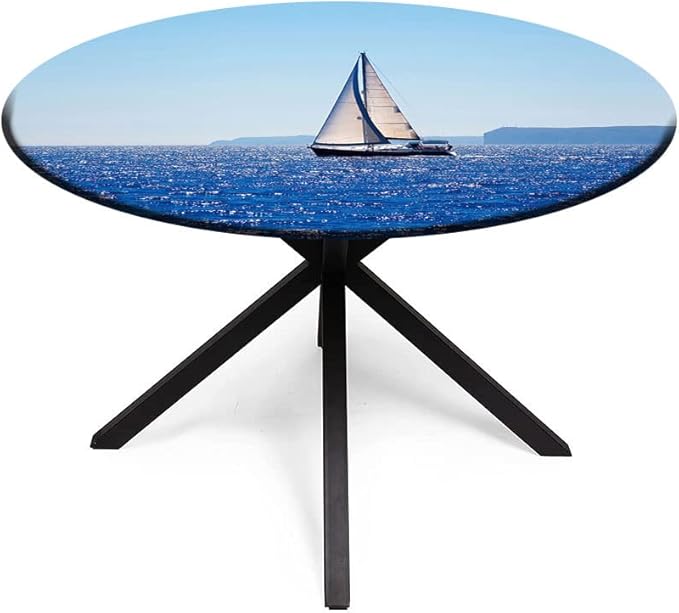 Round Edge Closing Tablecloth, Ocean Elastic Edged Tablecloth, Blue Mediterranean Sailboat Sailing in Round Tables 28inch Diameter, Buffet Table/Parties/Holiday Dinner, Blue