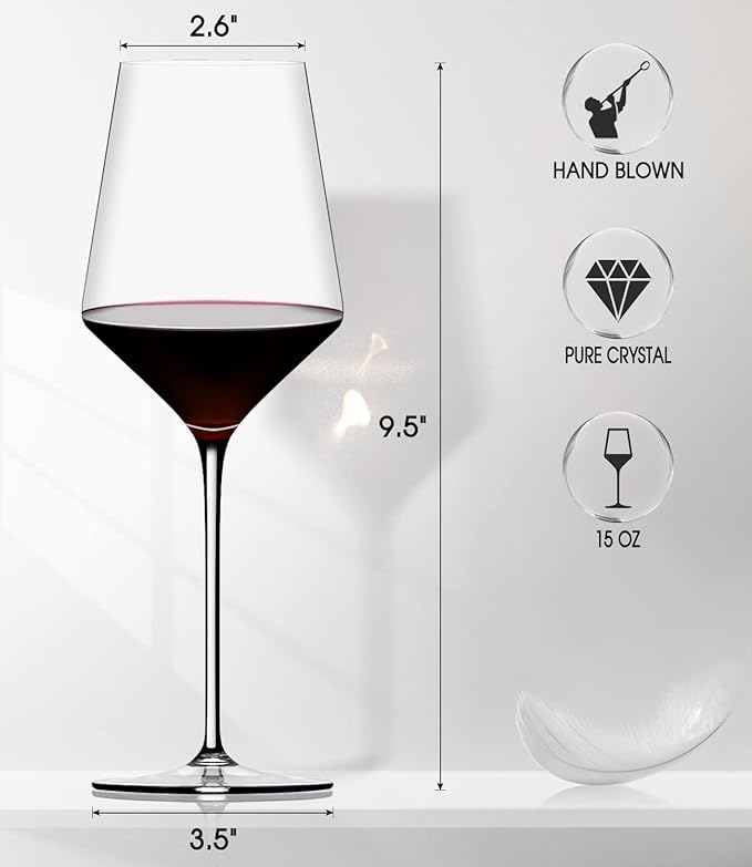 Red Wine Glasses Set of 4, Premium Crystal Wine Glasses Hand Blown,15 oz,Thin Rim,Long Stem,Perfect for Red or White,Daily Use,Unique Wedding Anniversary or Birthday Gift