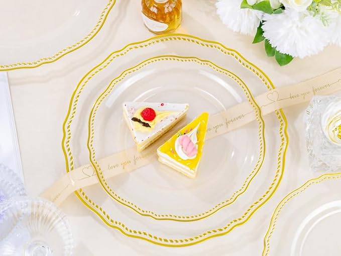 Hioasis 60pcs Clear Plastic Plates - Clear and Gold Disposable Dinnerware with Gold Rim, Heavy-duty, 7.5 inch, Dessert Plates for Party & Wedding