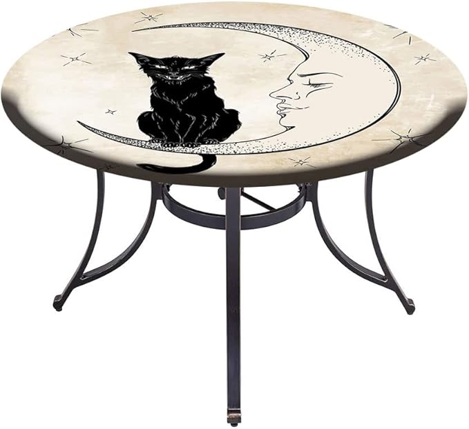 Polyester Tablecloth, Moon Waterproof Oil-Proof PVC Table Cloth, Black Cat Sitting on White Crescent Moon, Fit Round Tables 56inch Diameter, for Holiday Dining Table/Dinner/Party, Sand Brown Black
