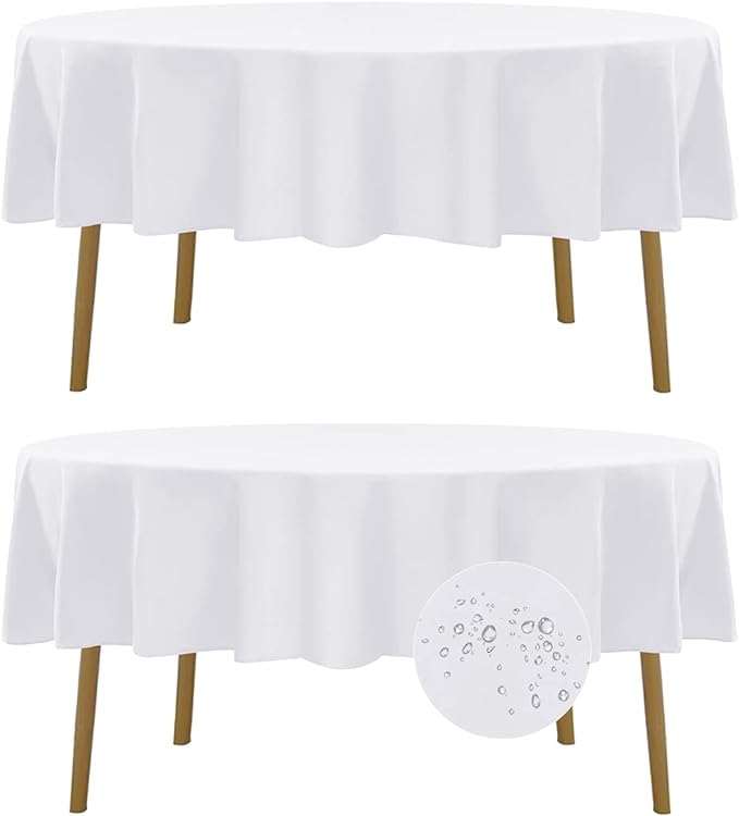 Fokitut 2 Pack Waterproof Round Tablecloth, 90 Inch, Stain Resistant and Wrinkle Polyester Table Cloth, Fabric Table Cover for Kitchen Dining, Wedding, Party, Holiday Dinner-White