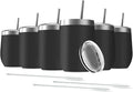 6 Pack 12 oz Stainless Steel Stemless Wine Tumbler with Lids, Double Wall Vacuum Insulated Travel Cup Including 6 Straws set,for Coffee, Cocktail, Drink, Tea and Beer (Black)