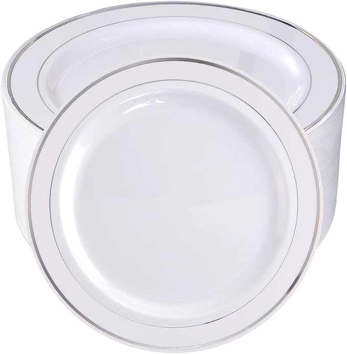 bUCLA 100Pieces Silver Rim Plastic Plates - 7.5inch Silver Salad/Dessert Plates Disposable - Ideal for Weddings, Parties & Christmas