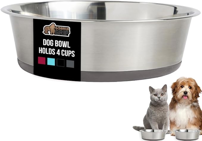 GORILLA GRIP Dog Bowl, Holds 4 Cups (32 fl oz), Heavy Duty Metal Food and Water Bowl for Feeding Dogs and Cats, Easy Clean, Dishwasher Safe, Rust Resistant Stainless Steel, BPA Free Rubber Base, Gray