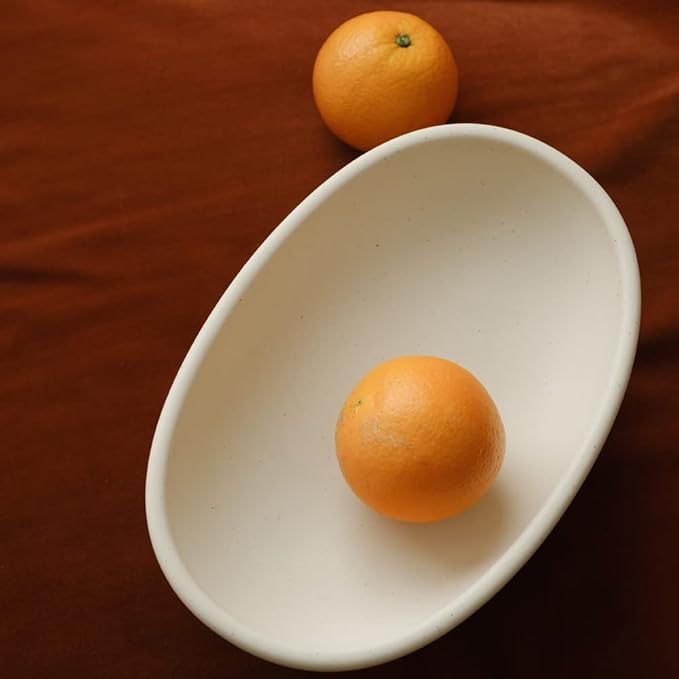 WENSHUO Three-Legs Ceramic Fruit Bowl for Kitchen Counter, Decorative Bowl for Table Décor, 10-inch Oval Large Bowls for Breads (Matte Crème)