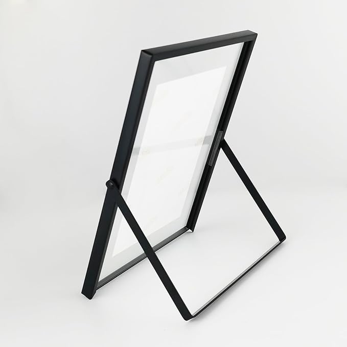 Black Floating Picture Frames - Set of 3, for Photo Size 4×4, 4×6, 5×7, Vertical Tabletop Display, Double Glass Metal Frame for Wedding, Home or Office Desk Decoration (Black)
