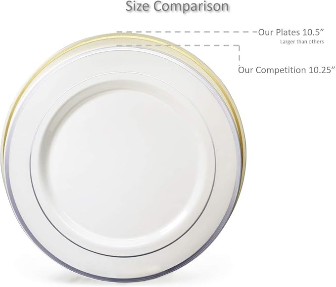 OCCASIONS 120 Plates Pack,(60 Guests) Heavyweight Premium Wedding Party Disposable Plastic Plates Set -60 x 10.5'' Dinner + 60 x 7.5'' Salad/Dessert (Linen White & Silver)