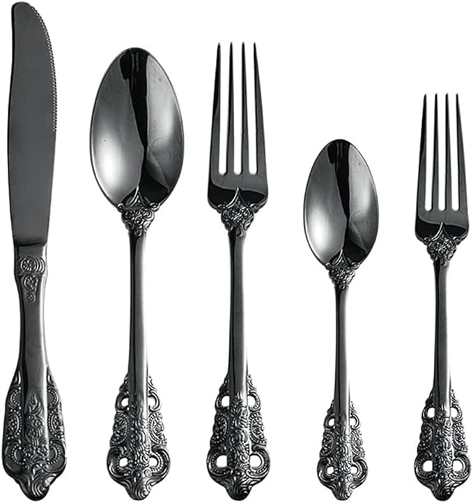 Black Silverware Set for 8 Premium 18/10 Stainless Steel Flatware Set Palace Style 40 Piece Cutlery Tableware Utensils Embossed Decorative Handle Knives Forks and Spoons for Home Christmas Wedding