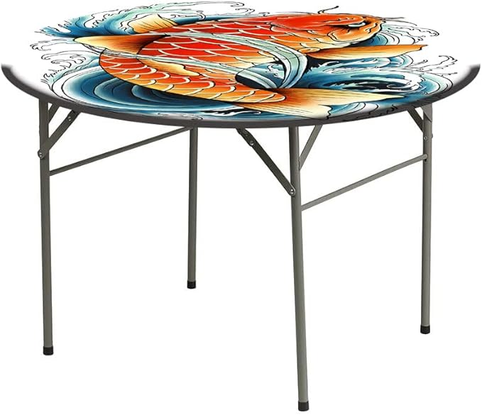 Round Edge Closing Tablecloth, Koi Fish Elastic Edged Tablecloth, Tattoo Style Japanese Wave, Fit Round Tables 39inch Diameter, for Restaurant Picnic Indoor and Outdoor Use, Multicolor