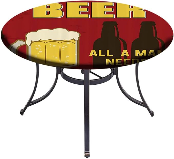 Round Tablecloth, Manly Decor Tablecloth for Side Table, Beer Mug and Two Bottles with Quotes Beer All, Fit Round Tables 61inch Diameter, for Indoor Outdoor Fits, Yellow Burgundy