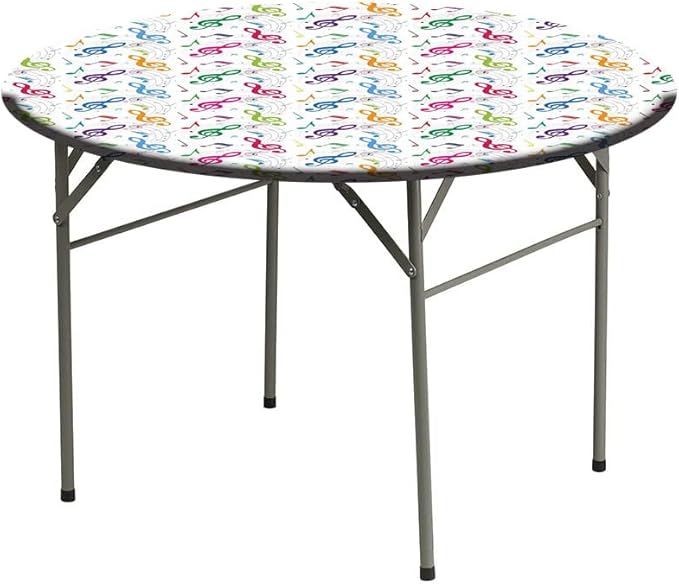 Round Edge Closing Tablecloth, Music Decor Elastic Edged Tablecloth, Notes on Circle Shape Geometric Background Carnival, Fit Round Tables 39inch Diameter, for Outdoor Indoor Use, Multy
