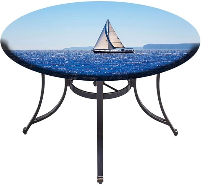 Round Edge Closing Tablecloth, Ocean Elastic Edged Tablecloth, Blue Mediterranean Sailboat Sailing in Round Tables 56inch Diameter, for Outdoor Indoor Use, Blue
