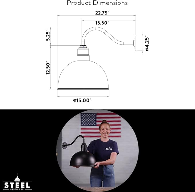 Steel Lighting Co. Hollywood Bowl Light | Outdoor Wall Mounted | 15 inch Bowl Dome | 16 inch Gooseneck | Barn Light Made in America | Galvanized Exterior/Galvanized Interior
