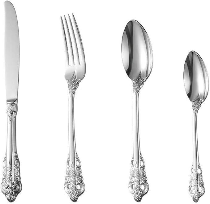 Gold Silverware Set for 6 Durable 18/10 Stainless Steel Flatware Set Palace Style Modern Cutlery Utensils Set 24 Piece Include Knives Forks and Spoons Tableware Set for Home Kitchen Restaurant