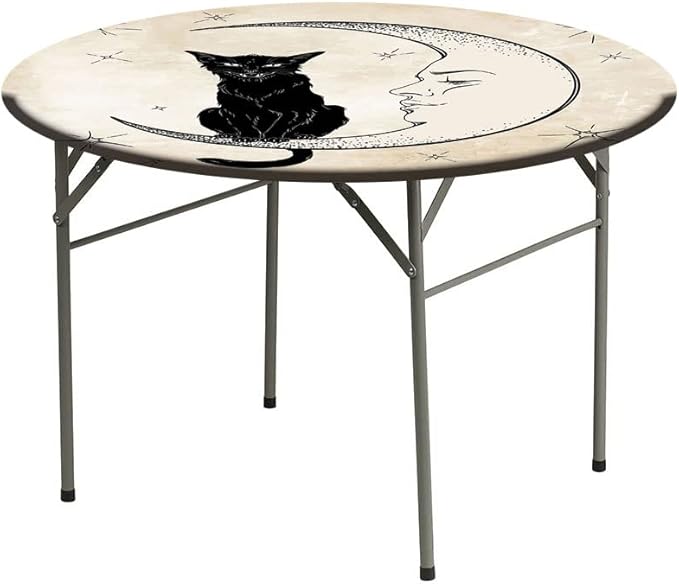 Small Round Tablecloth, Moon Washable Polyester Table Cloth for, Black Cat Sitting on White Crescent Moon, Fit Round Tables 44inch Diameter, Holiday Party Home Kitchen Dining Table Decoration