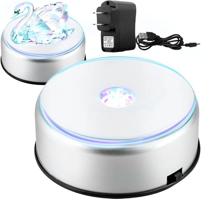 Watris Veiyi 4" LED Colorful Rotating Display Base, 2 PCS Light Rotating Crystal Display Base, Display Base Stand Turner for Crystals Glass Art and Cup (2)