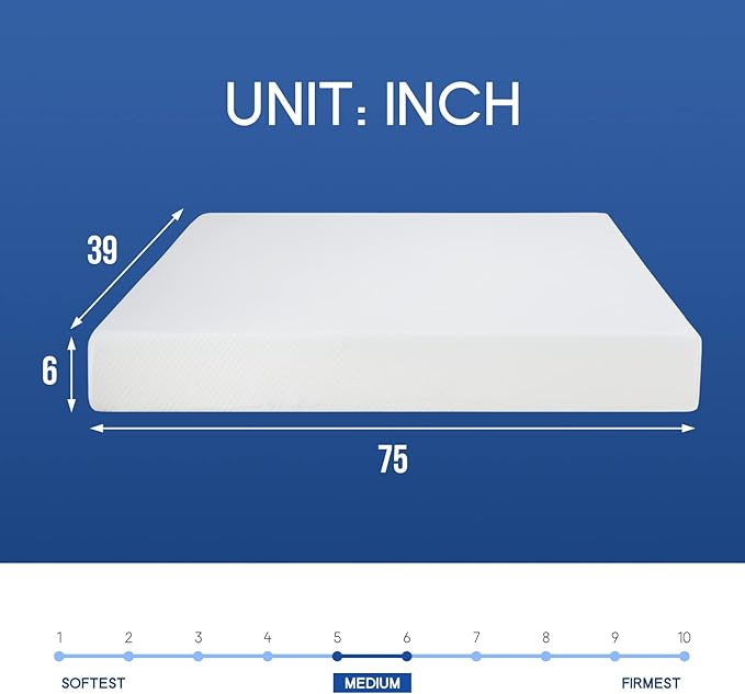 FDW | 6 Inch Twin Mattress | Medium Firm | Gel Memory Foam Mattress | White | Bed in a Box, CertiPUR-US Certified | Pressure Relief, Cooling Ventilated Foam | Washable Removable Cover