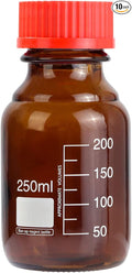 10 Pieces Amber Glass 250 mL Graduated Round Lab Reagent Media/Storage Bottle With GL45 Red Screw Cap