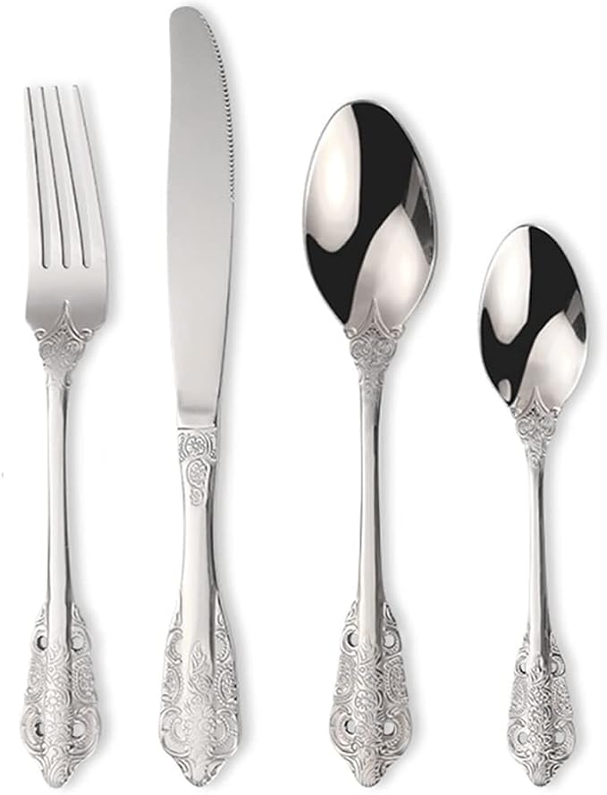 Vintage Silverware Flatware Set for 16, European Classic Style 64 Pieces Stainless Steel Tableware Cutlery Set,Fine Kitchen Utensils for Wedding Restaurant Hotel Christmas