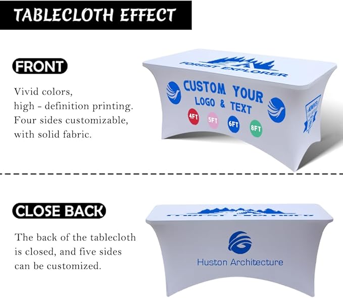 Personalized Table Cloth with Logo Image Customized Tablecloth 4FT/5FT/6FT/8FT Spandex Customized Table Cover Promotional Business Tradeshow Events Birthday Party Wedding (6FT Spandex(Closed back))