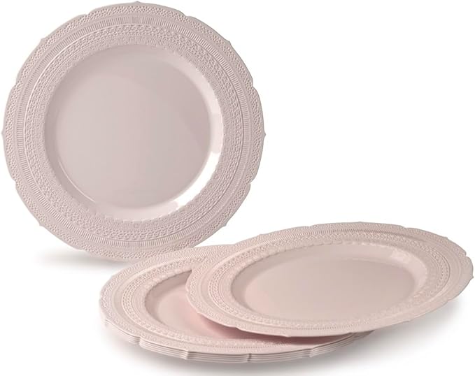 " OCCASIONS " 150pcs set (25 Guests)-Extra Heavyweight Vintage Wedding Disposable/Reusable Plastic Plates (25 x 11'' + 25 x 8.25'') + Silverware (Chateau Collection in Blush Pink)