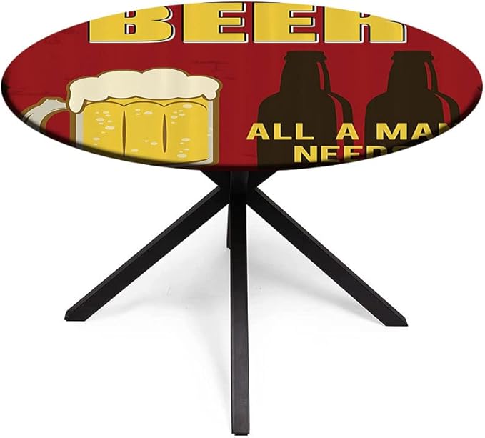 Round Tablecloth, Manly Decor Tablecloth for Side Table, Beer Mug and Two Bottles with Quotes Beer All, Fit Round Tables 32inch Diameter, for Dining Room/Party/Banquet Decoration, Yellow Burgundy