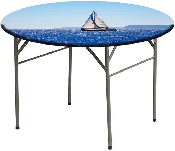 Round Edge Closing Tablecloth, Ocean Elastic Edged Tablecloth, Blue Mediterranean Sailboat Sailing in Round Tables 28inch Diameter, Buffet Table/Parties/Holiday Dinner, Blue