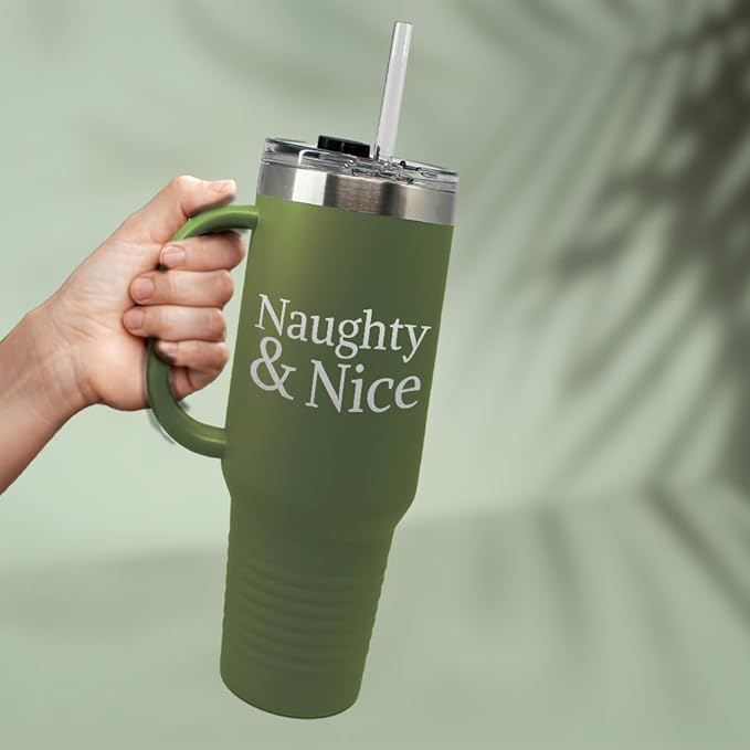Speedy Pros Tumbler Cups with Straw Naughty & Nice Christmas Xmas Coffee Tumbler with Lid Personalized Insulated Travel Mugs Engraved Stainless-Steel 40 Oz Forest Green Design Only