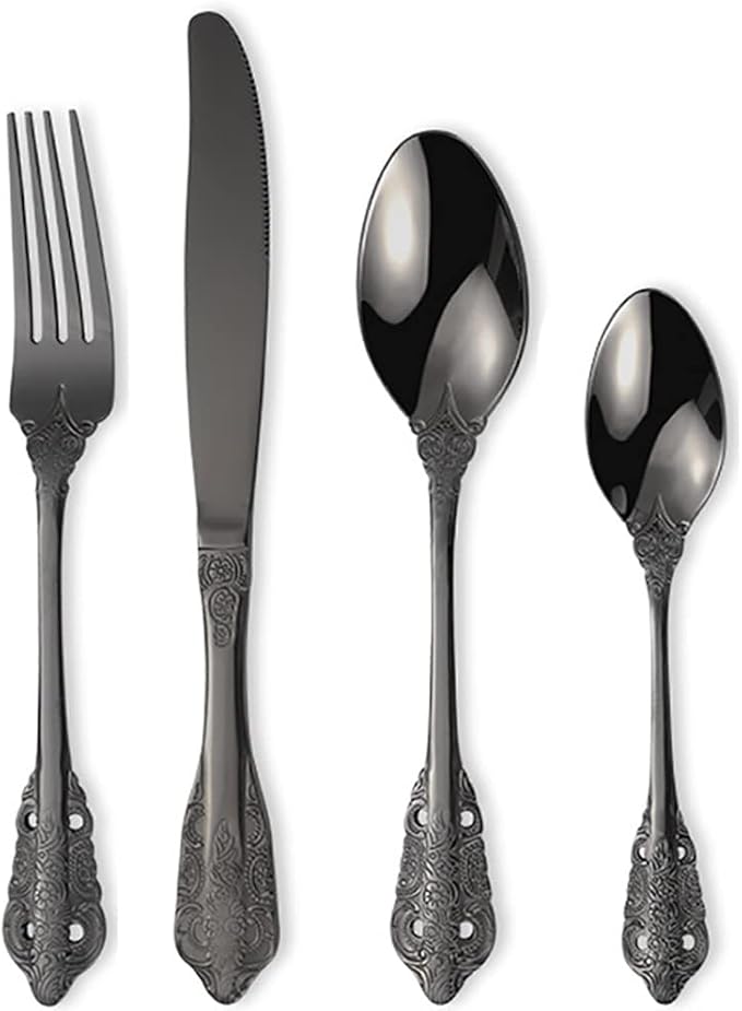 Vintage Black Silverware Flatware Set for 16, European Classic Style 64 Pieces Stainless Steel Tableware Cutlery Set,Fine Kitchen Utensils for Wedding Restaurant Hotel Christmas
