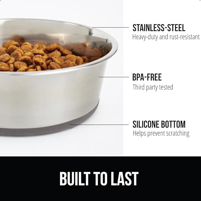 GORILLA GRIP Dog Bowls, Holds 2 Cups Each (16 fl oz), Heavy Duty Stainless Steel Food and Water Bowl for Feeding Dogs and Cats, Dishwasher Safe, Rust Resistant, BPA Free Rubber Base, Set of 2 Gray
