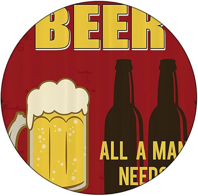 Small Round Tablecloth, Manly Decor Washable Polyester Table Cloth for, Beer Mug and Two Bottles with Quotes Beer All, Fit Round Tables 44inch Diameter, for Holiday Dining Table, Dinner, Party
