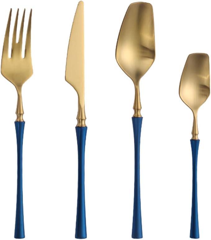 56 Piece Gold Silverware Set for 14，Durable 18/8 Stainless Steel Flatware Set Slim Waist Blue Handle Cutlery Set Utensils Include Spoons Knifes Forks Kitchen Wedding Restaurant