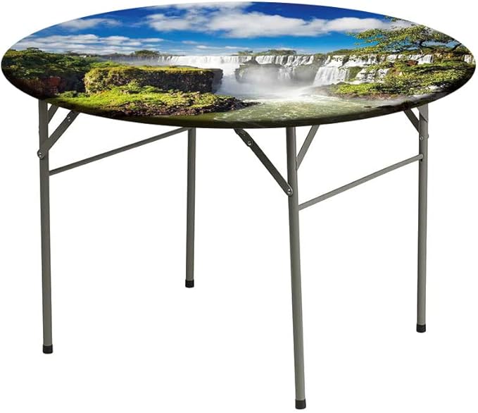 Round Vinyl Fitted Tablecloth, Landscape Print Polyester Table Cloth, Majestic Waterfall River Argentinean Falls Natural, Fit Round Tables 23inch Diameter, for Dinner Kitchen Party Decoration, Multi
